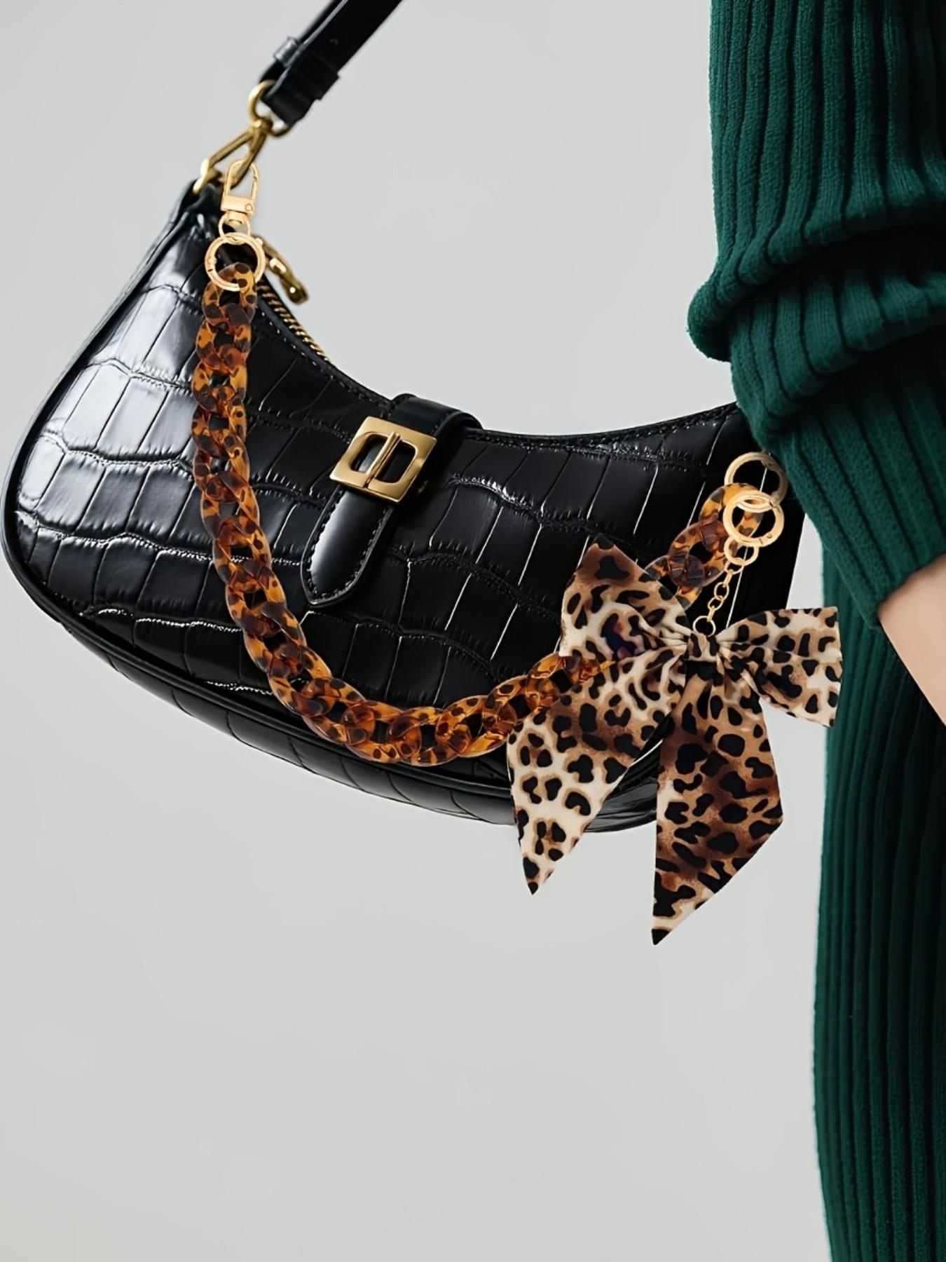 17.5" Leopard Print Purse Chain Strap with Bow Keychain Pendant Charm Golden Acrylic Flat Bag Chain Charm Handbag Accessory, Purse Accessories, Detachable/Attachable Bag Chain Strap for Women'S Handbags,Totes,Purses,Wallet