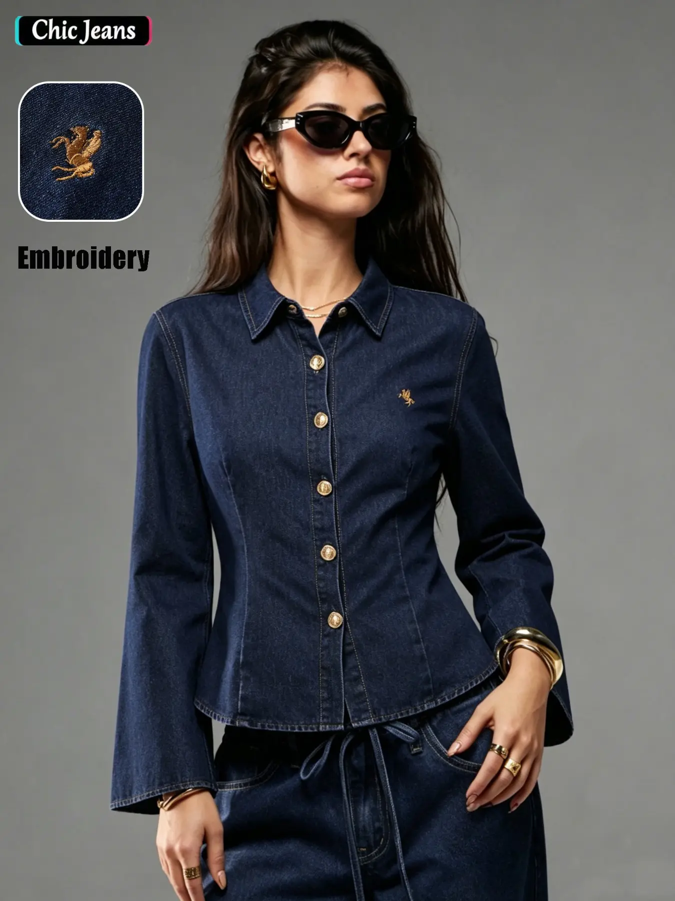 Women's Fashion Embroidered Denim Long Sleeve Top, Elegant Lapel Design, Metal Button Front, Waist-Cinch Fit, Flared Sleeves