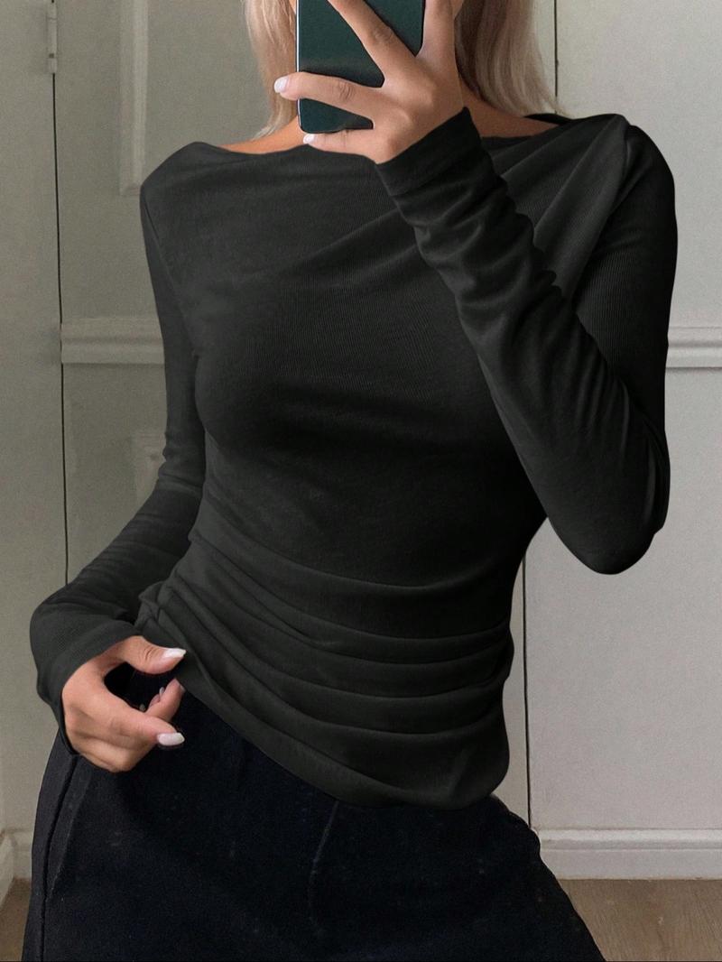 Women's off Shoulder Long Sleeve Top, Loose Fit Asymmetrical Neck Shirt, Casual Elegant Spring & Fall Fashion