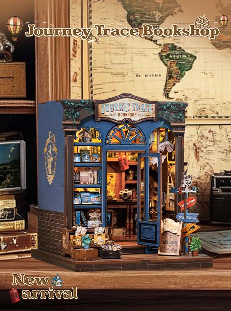 CUTEBEE DIY 3D Book Nook Kit Journey Trace Bookshop – Miniature Wooden Streetscape Bookstore with LED Light, Handmade 3D Dollhouse Decor | Holiday, Christmas and Black Friday Gift
