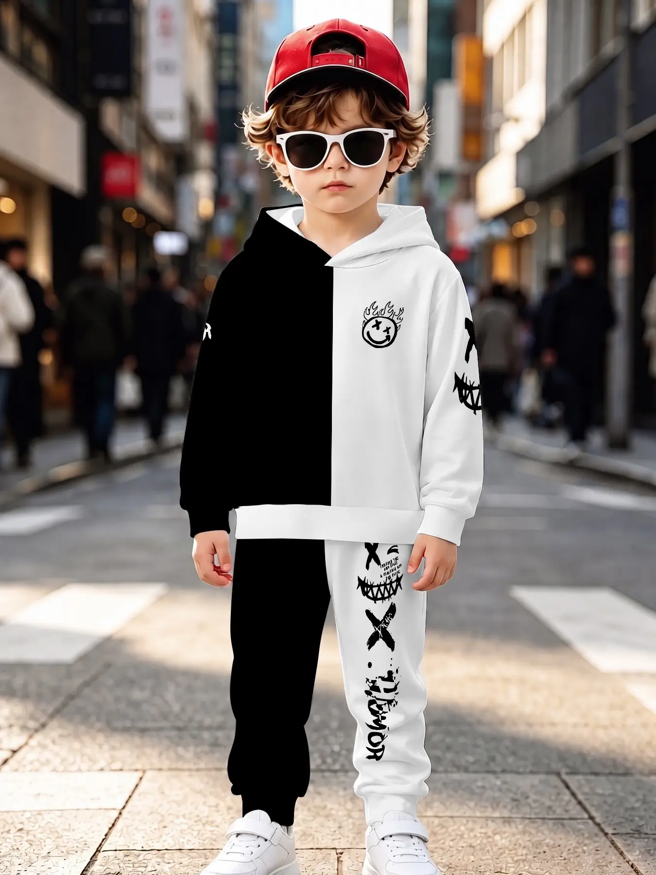 Block Devil Smile Boy Sweatshirt Set, Casual Long Sleeve Sweapants, Fall Winter Natural Waist H-Type