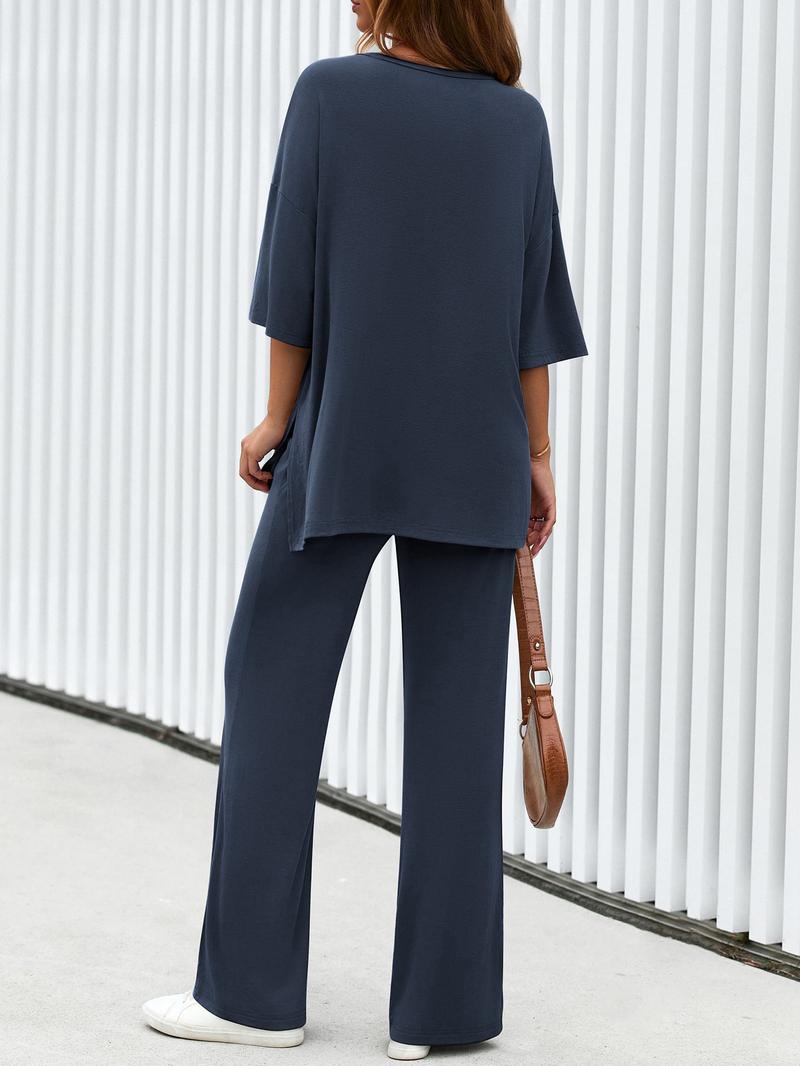 2 Piece Lounge Sets for Women  Short Sleeve Tops Wide Leg Pants Matching Travel Outfits Clothing