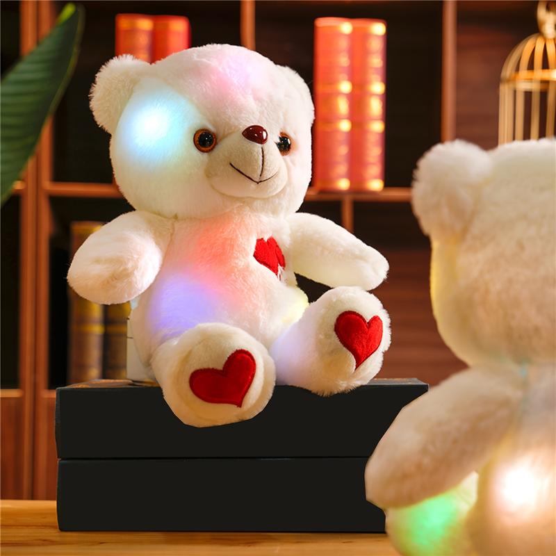 Glow-in-the-Dark Light-Up LED Teddy Bear Plush Toy with Heart and Rose Lights, Soft and Cuddly Plush Animal with Expressive Eyes, Warm White and Colorful Lights, Valentine's Day, Birthday and Anniversary Gift for Kids and Adults