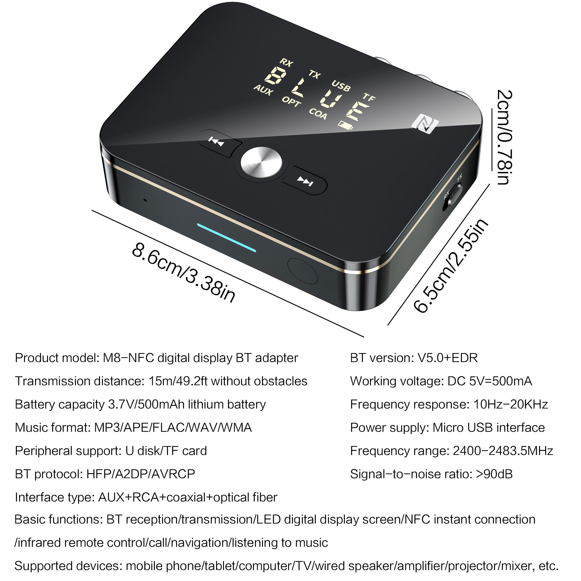 Bluetooth 5.0 NFC Audio Transmitter & Receiver, Low Latency Wireless Adapter for Hi-Res Streaming Music to Home Theater, Car Stereo, TV, Smartphone & Tablet.