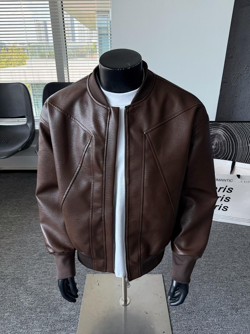 Men's Windproof Leather Jacket with Zipper Closure Solid Color Sport Style Pilot Motorcycle Model Multi-functional Outerwear Collared Neck Long Sleeve Fitted Casual Coats
