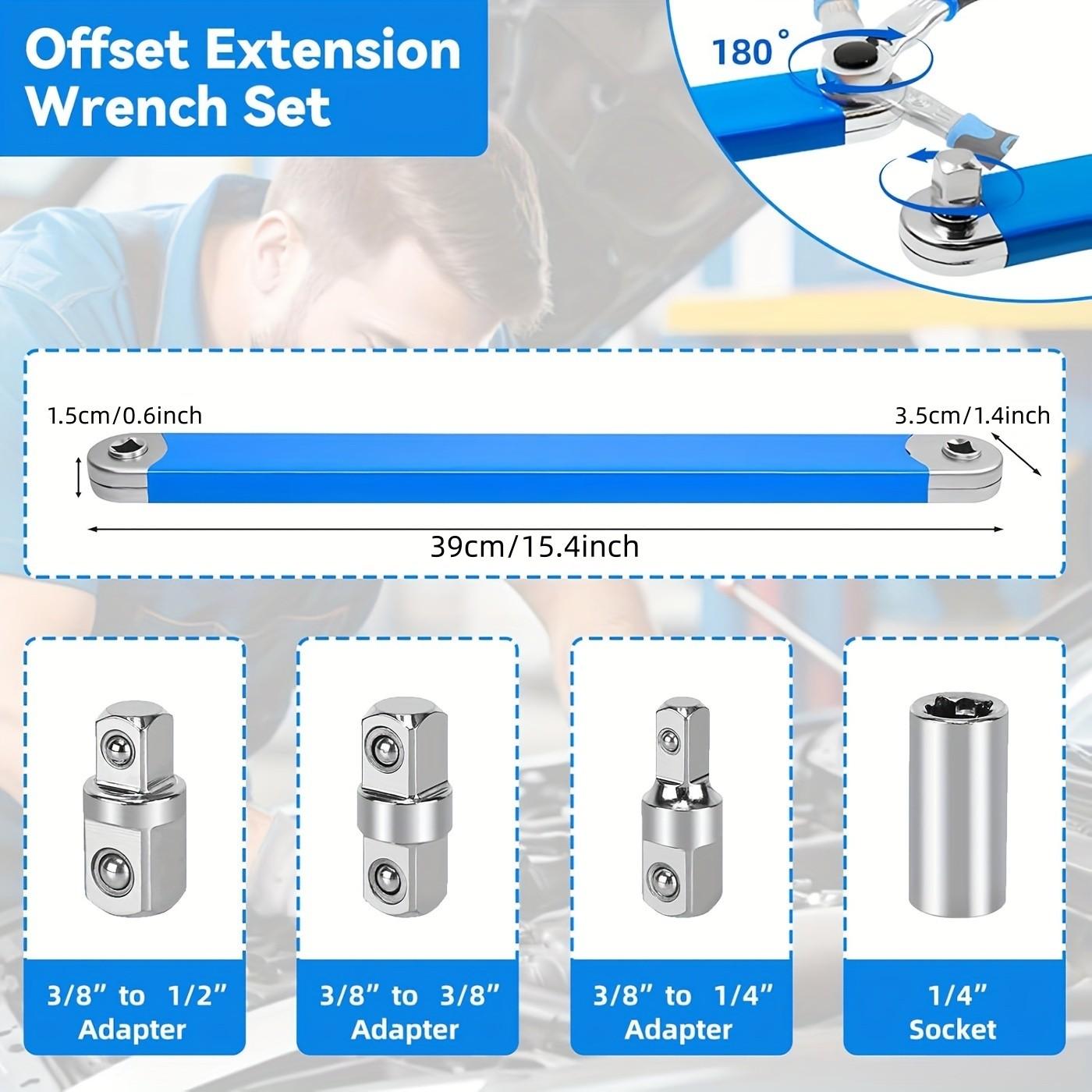 Offset Wrench Set, 15 Inch Impact Offset Wrench Kit, Automotive Offset Wrench, Includes 1/2", 1/4", 3/8" Square Adapters, Ideal for Tight Spaces