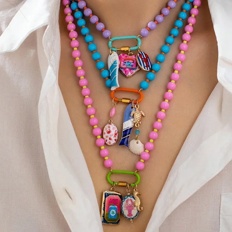Handmade Beaded Choker Necklace - Pu Leather, Geometric, Lightweight Chain Jewelry with Heart and Starfish Charms for Summer Beach Vacation