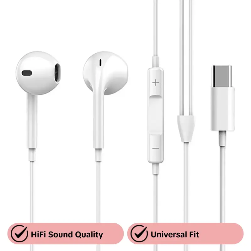 Wired Earphones, Portable In-Ear Wired Earbuds with Microphone and Volume Control, Universal Earphones for Type-C Devices and Android, In Ear Headphones, In Ear Design