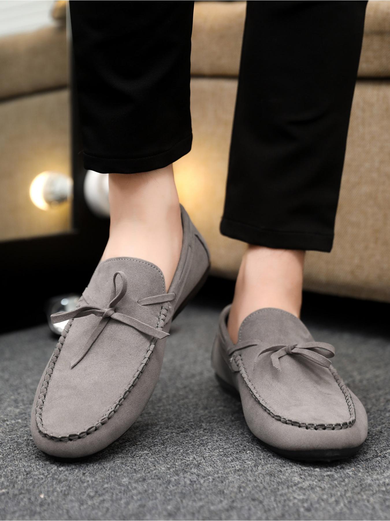 2026 Spring and Autumn New Men's Casual Bean Shoes, Suede Leather with Lace-up Weave Design, Rubber Soft Sole, Daily Commuting Loafers and Business Shoes