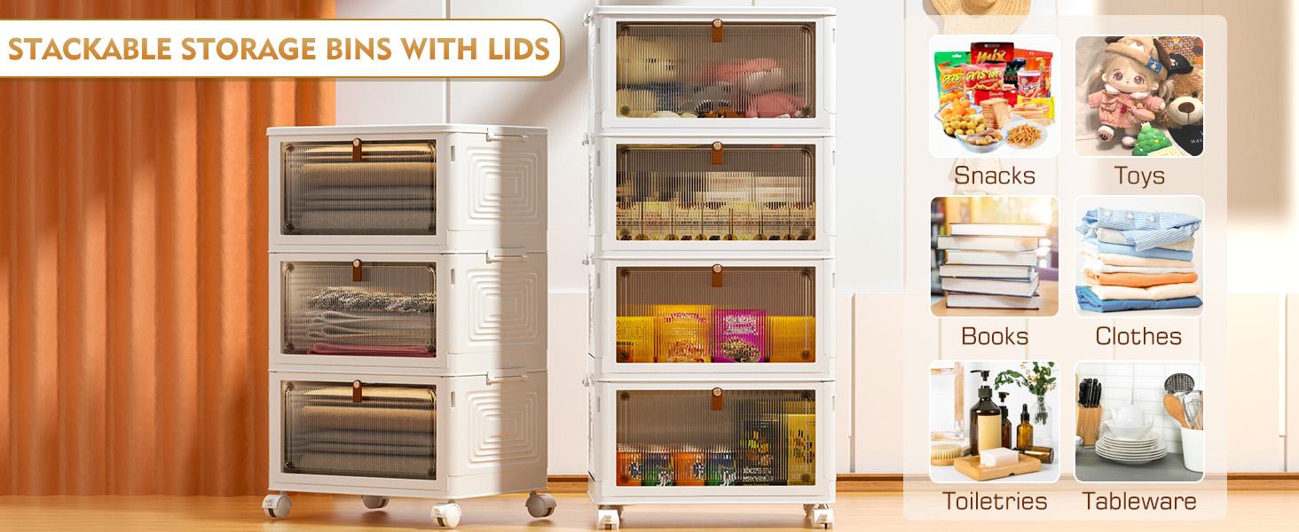 7CODE 4 Tier Plastic Storage Bins with Lids , Stackable Storage Containers with Wheels, Folding Storage Boxes, Collapsible Storage Bins, Closet Organizers and Storage for Living Room,Kitchen,Office,Dorm