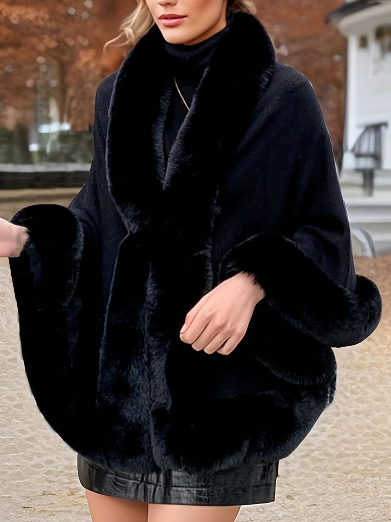 Women's Faux Fur Trim Shawl Cape, Comfortable Acrylic Knit Winter Outerwear, Perfect for Parties Weddings Evening Dresses, Elegant Gift