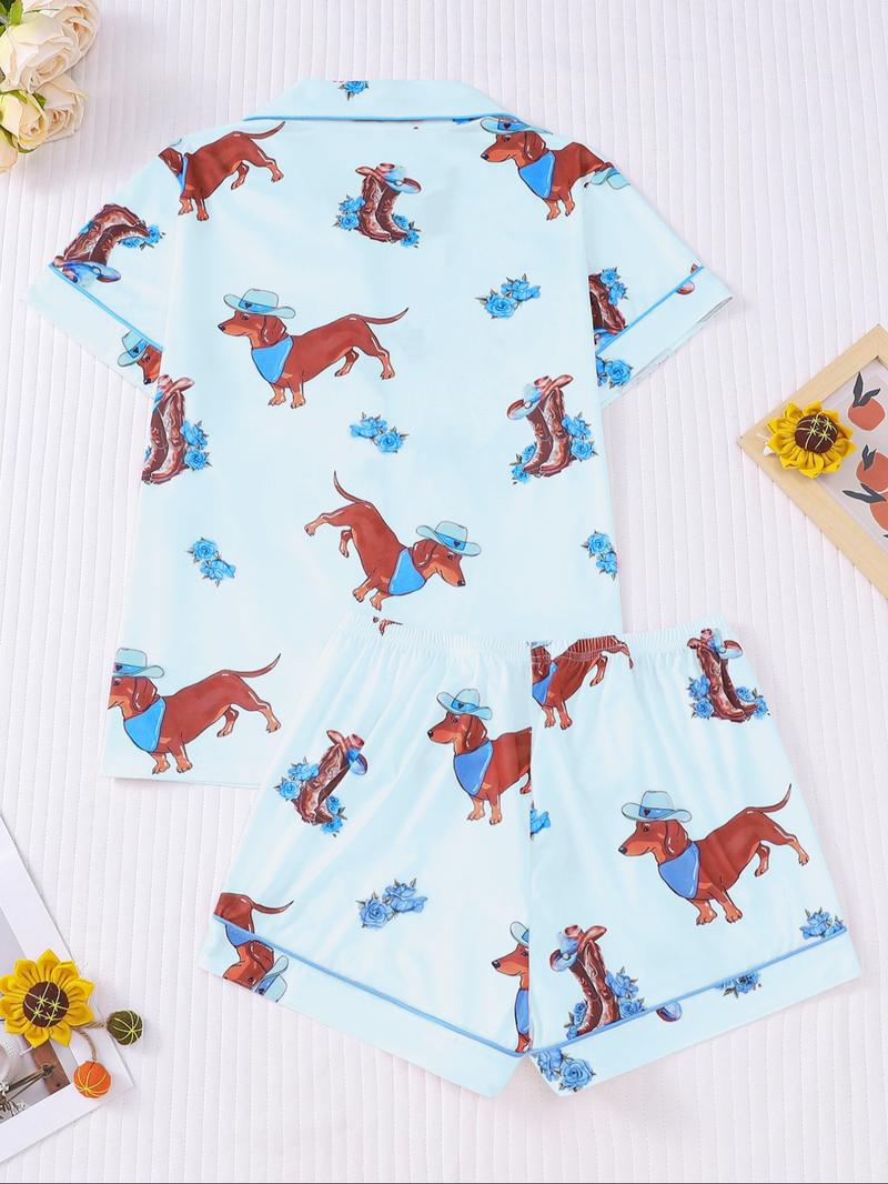 Women's All Over Dachshund Print Shirt & Elastic Waist Shorts Pyjama Two-piece Set, Casual Comfy Short Sleeve Collared Top & Shorts PJ Set, Ladies Sleepwear for All Seasons, Loungewear, Sleep Pajamas Shorts