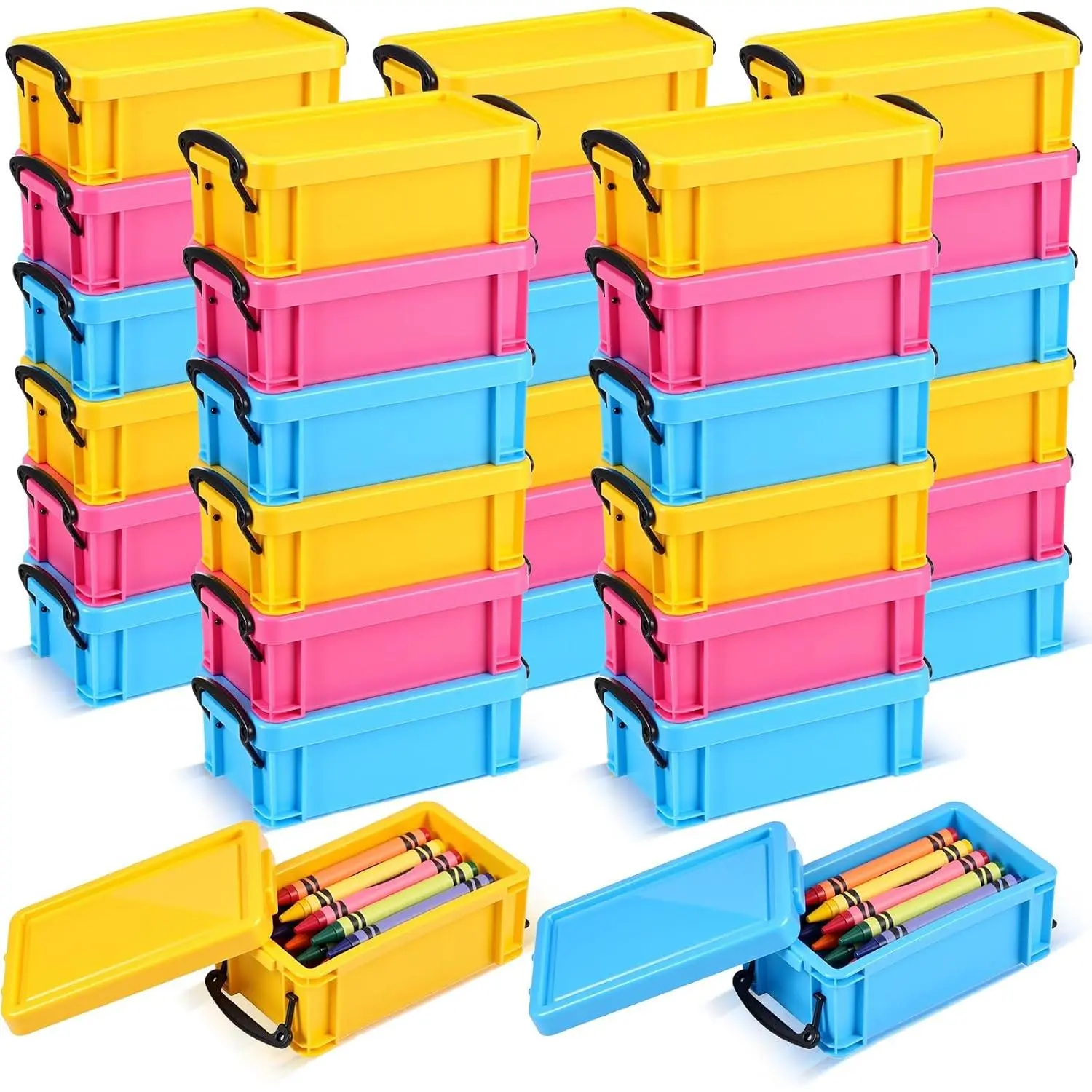 30 Pack Crayon Boxes with , Colorful Plastic Crayon Storage Organizer for Classroom, Stackable Art  Containers for Teachers, School Supplies and Craft Organization(3 Colors)
