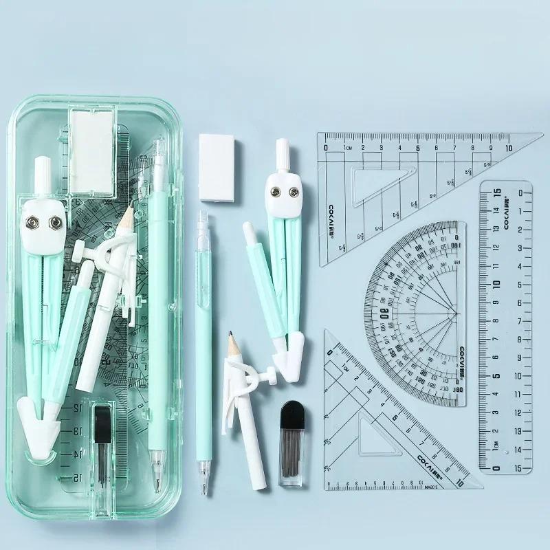 Clear Scale 9-piece Compass Ruler Set Measuring Ruler Student Math Drawing Tools Exam Kit for Elementary School Students