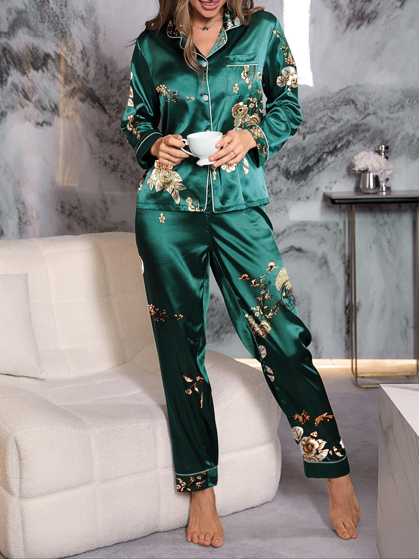 Elegant Women's Long Sleeve Floral Printed Lapel Pajama Set, Loungewear, Fitted Homeewear, All over Print, Casual Style, All Seasons