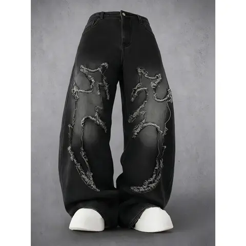 Men's Y2K Distressed Flame Baggy Jeans - Mens Clothing, Fashion Streetwear, Vintage Washed Black Denim, Frayed Patchwork, Throwback Style, Baggy Trousers Style, Wide Leg Pants for Concert, Festival