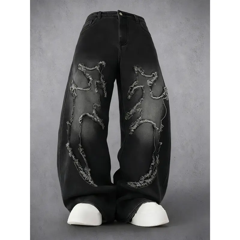 Men's Y2K Distressed Flame Baggy Jeans - Mens Clothing, Fashion Streetwear, Vintage Washed Black Denim, Frayed Patchwork, Throwback Style, Baggy Trousers Style, Wide Leg Pants for Concert, Festival
