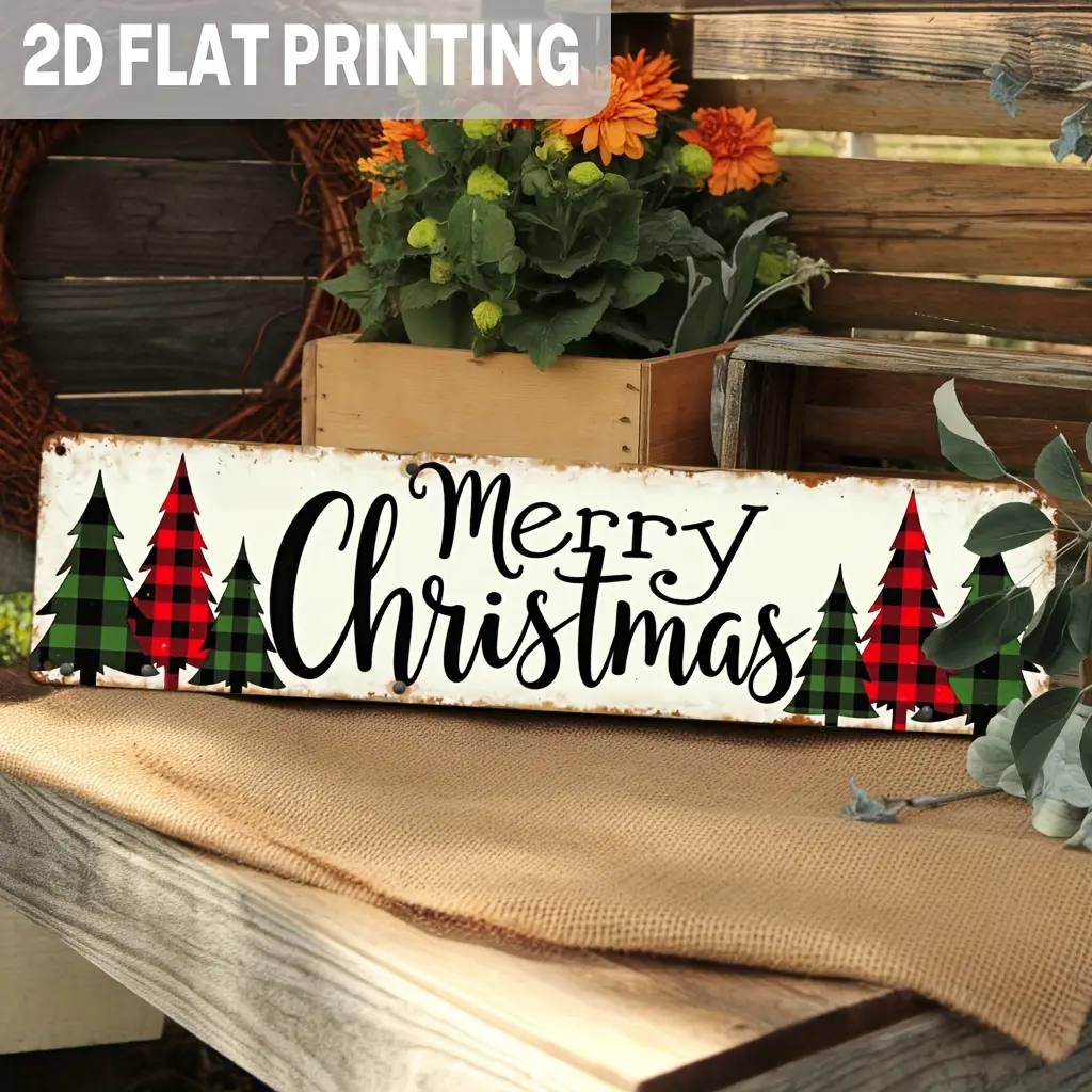 2D Flat Rustic Merry Christmas Metal Sign, Buffalo Plaid Christmas Tree Wall Decor for Farmhouse, Home, Living Room, Kitchen, Holiday Decorations, Festive Decorative Sign, 3.93 x 15.74 Inch, 1 Piece