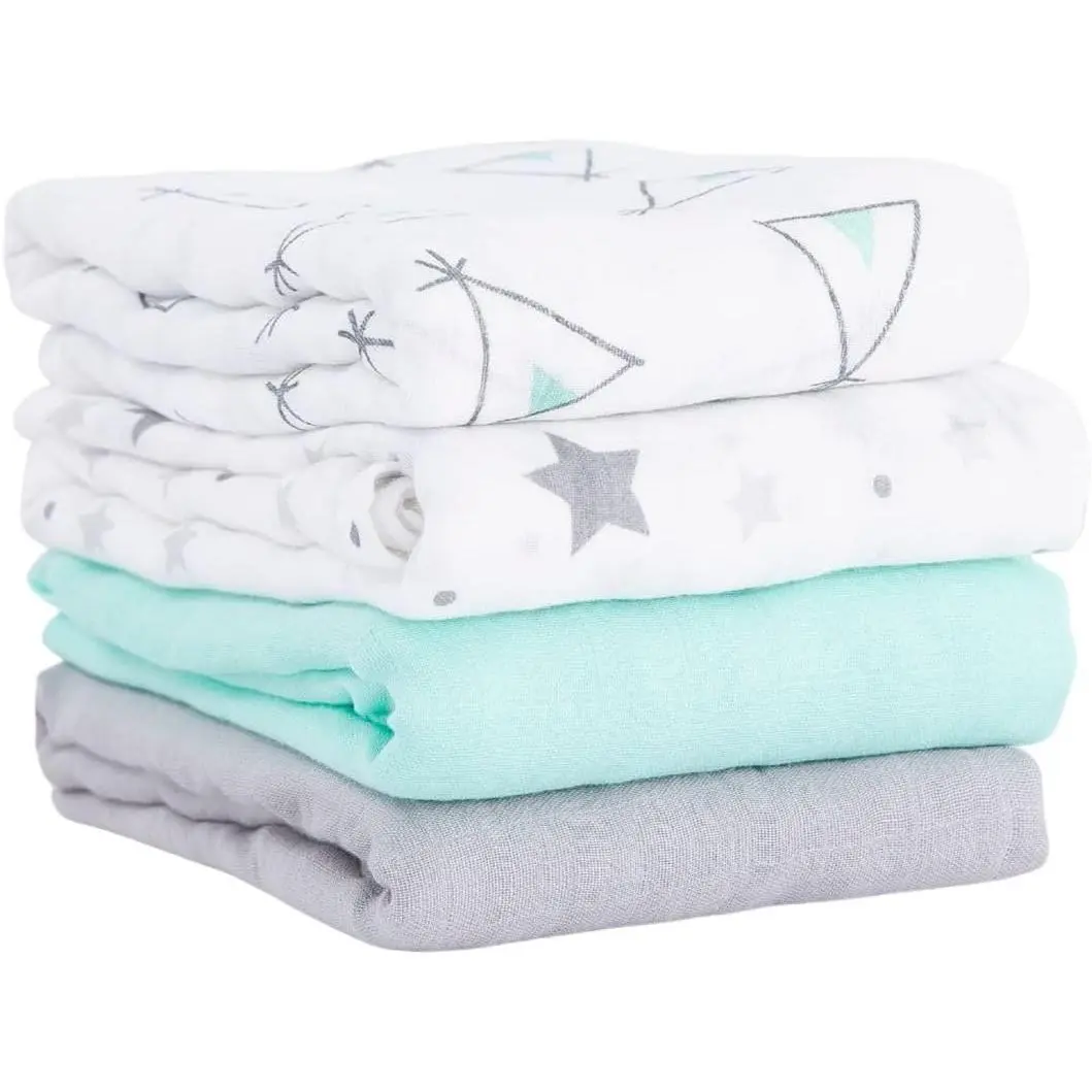 4-Pack Large Baby Receiving Blankets, 47x47in Muslin Polyester Swaddle Wraps, Blue Contrast, Soft & Breathable for Cozy Coverage, Cotton, Baby Registry, Blankets & Throws, 0 - 3 Months, Washable, Day & Night Use, Removable & Washable, Rectangular Receivin