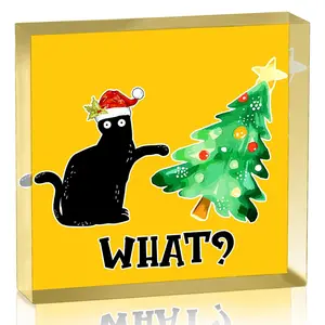 Meowy Christmas Acrylic Black Cat Christmas Decor Home Decor Ornament for Desk Table Shelf Mantel Gifts for People Who Love Cats Cat Lady Gifts for Cats Mom Women Girls