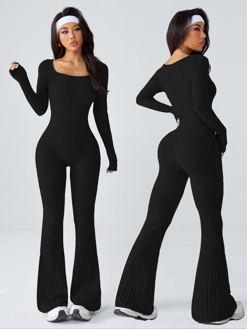 Women's Sporty U-Neck Long Sleeve Yoga Jumpsuit, Slim-Fit Below Knee Knitted Romper for All Seasons, Casual Fashion Wear