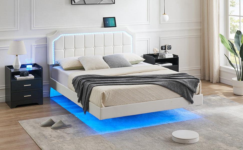 GARVEEFloating Queen Bed Frame with RGB LED Lights, Adjustable Upholstered Headboard, Metal Construction, Easy Assembly, Modern Design, White