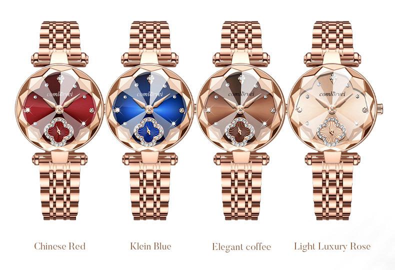 Women's Luxury Rose Gold Quartz Watch - Red Clover Dial with Crystal Accents, Diamond Flower Detail, Stainless Steel Band, Elegant Dress Wristwatch, Perfect Gift for Her