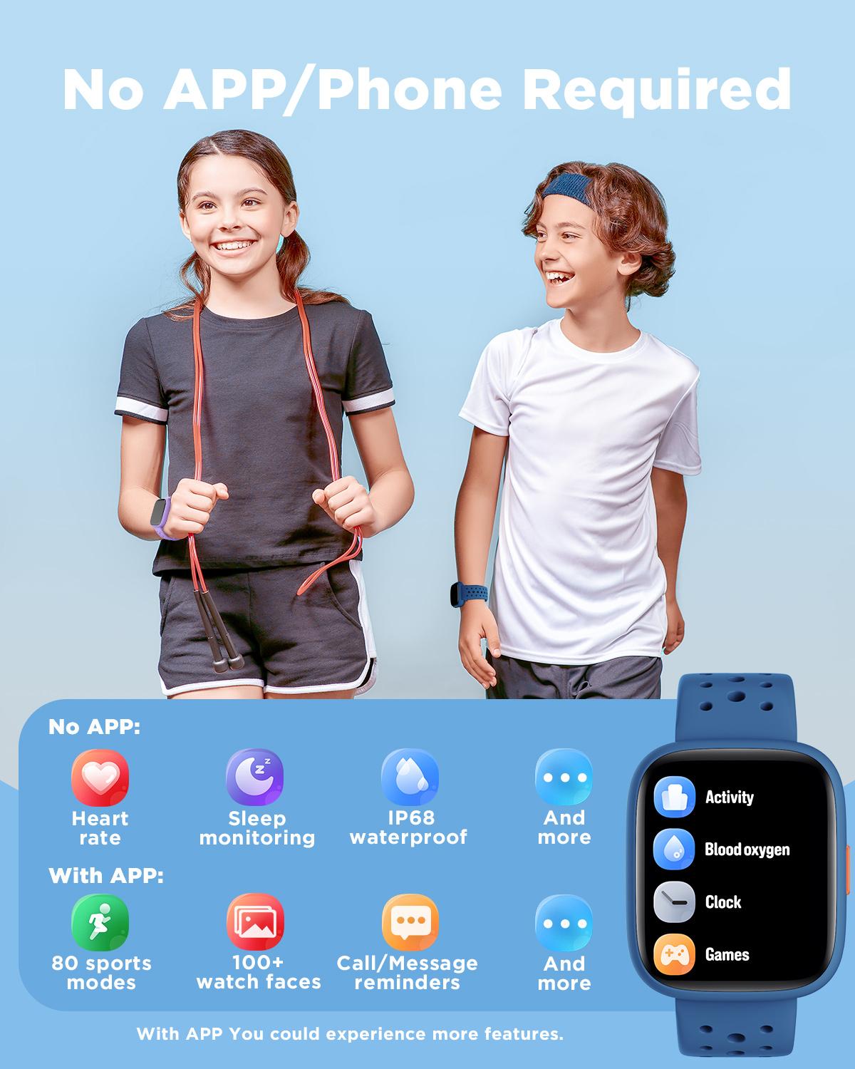BIGGERFIVE Smart Watch for Kids No APP No Phone Needed, 1.8" Fitness Tracker Watch Pedometer, Heart Rate, Sleep Monitor, IP68 Waterproof, Step Counter, Puzzle Games for Girls Boys Teens 5-16