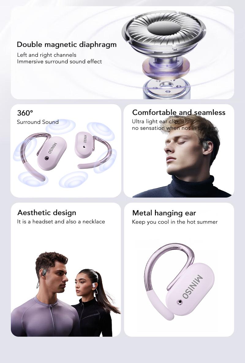 MINISO X68 True Wireless Open Ear Earbuds Bluetooth 5.4 HIFI Sound Quality Sports Headphones OWS Earbuds Gaming with Low Latency Touch Control IPX5 Waterproof With microphone Earphones