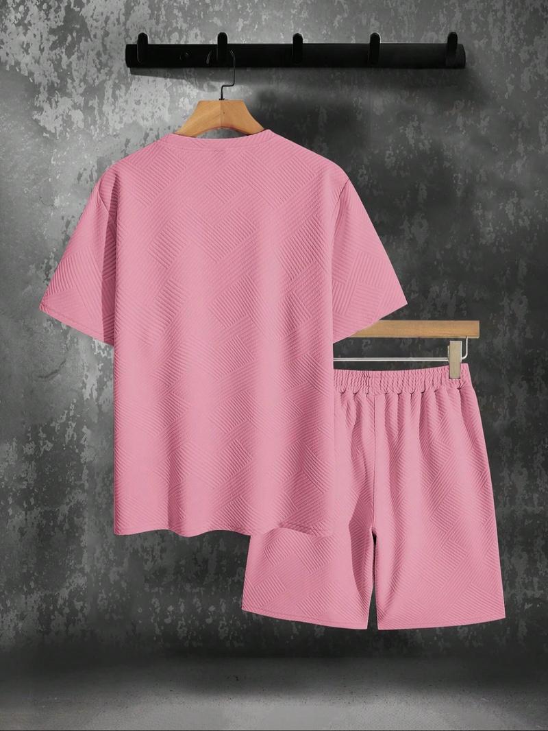 Two-Piece Set Men's Solid Short Sleeve Tee & Shorts Set, Regular Fit Casual Round Neck T-shirt & Track Shorts, Summer Clothes Set for Men