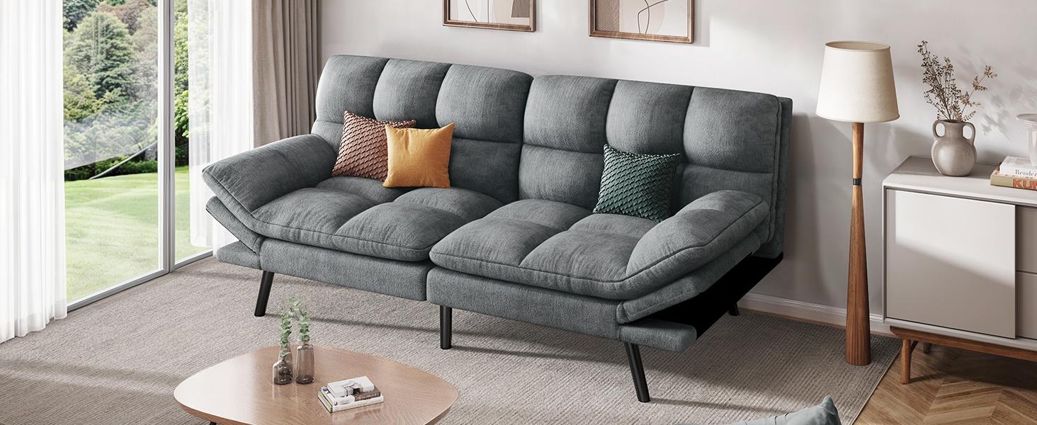 DWVO 70″ Convertible Futon Sofa Bed, Cat-Scratch-Proof Fabric Futon Couch with Adjustable Backrest and Armrest, Modern Loveseat Sleeper for Living Room Home Office, Dark Grey