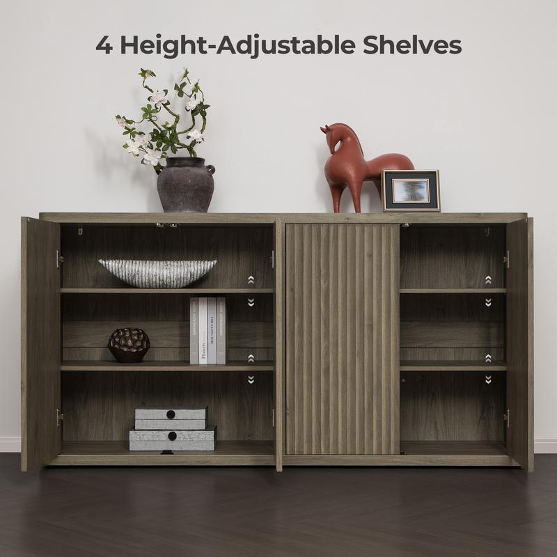 SICOTAS Buffet Cabinet with Storage Accent Sideboard with 4 Doors 66.3" Wide Fluted Credenza Modern Buffet Table Media Console Cabinet Entryway Cabinets for Living Room Kitchen Dining Room Hallway, Minimalist and Practical