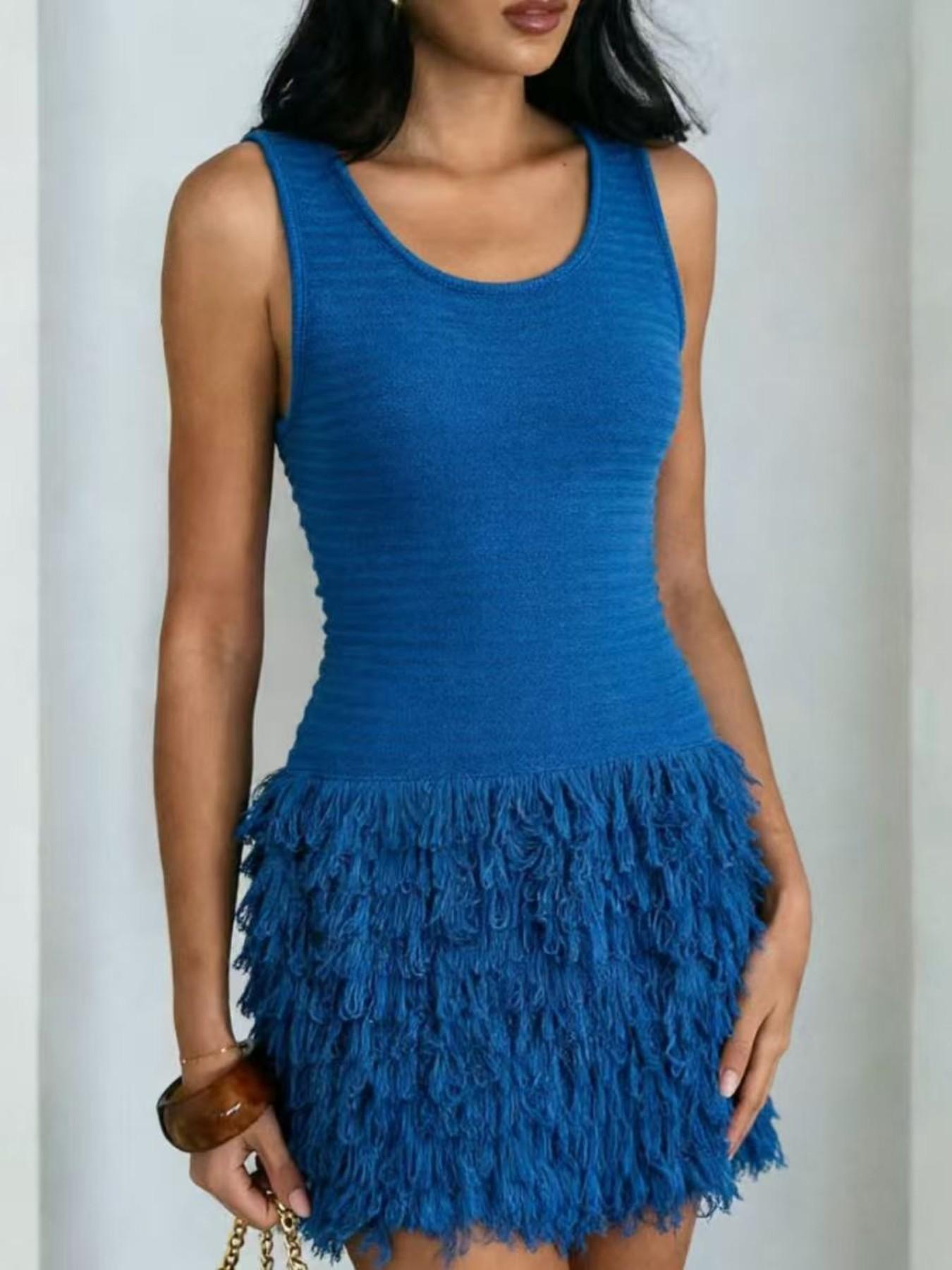 Elegant Knitted Bodycon Dress, Summer Vacation Fringe Skirt, Slim Fit Sleeveless Knit Vest Dress, Solid Round Neck Sweater Dress, Spring & Summer Women's Clothing Elegant Knitted Bodycon Dress, Summer Vacation Fringe Skirt, Slim Fit Sleeveless Knit Vest Dress, Solid Round Neck Sweater Dress, Spring & Summer Women's Clothing