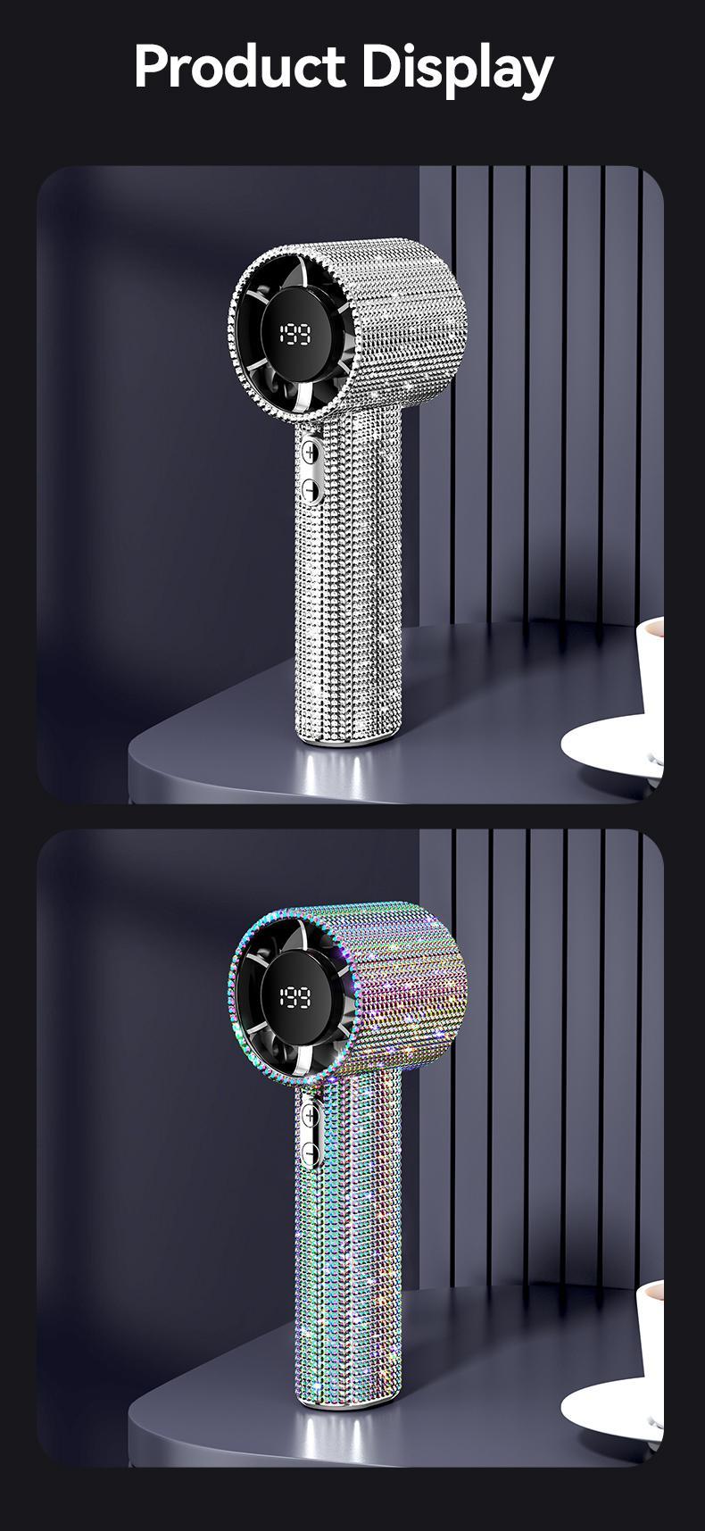 MGALL S5 Full Diamond Luxury Craftsmanship Portable Handheld Turbo Fan, 3 Gear Wind, Rechargeable Long  Battery Life Hand Fan With Digital Display For Outdoor Activities, Travel, Office,Wonmen's gift