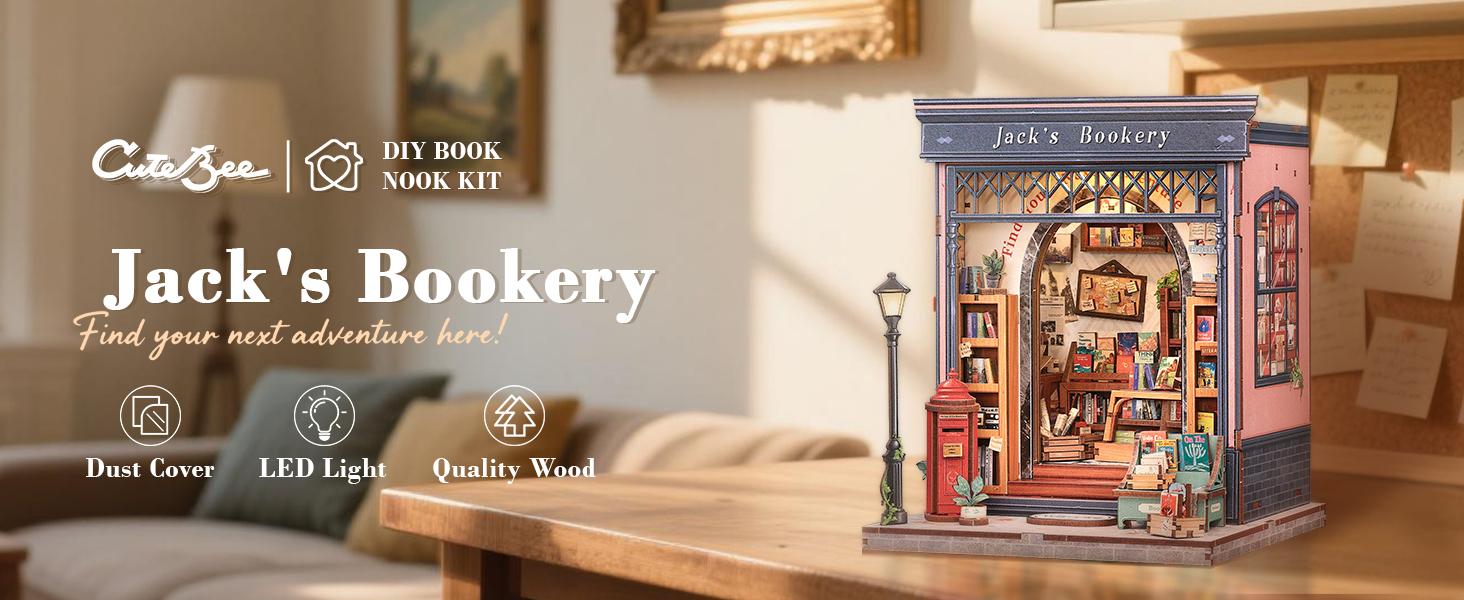 CUTEBEE Jack's Bookery Miniature DIY 3D Book Nook Kit Black Friday Gift Wooden Bookcase with LED Lights Handmade Creative Toy for Teens Adults Holiday Christmas Gift Dust Proof Home Decor