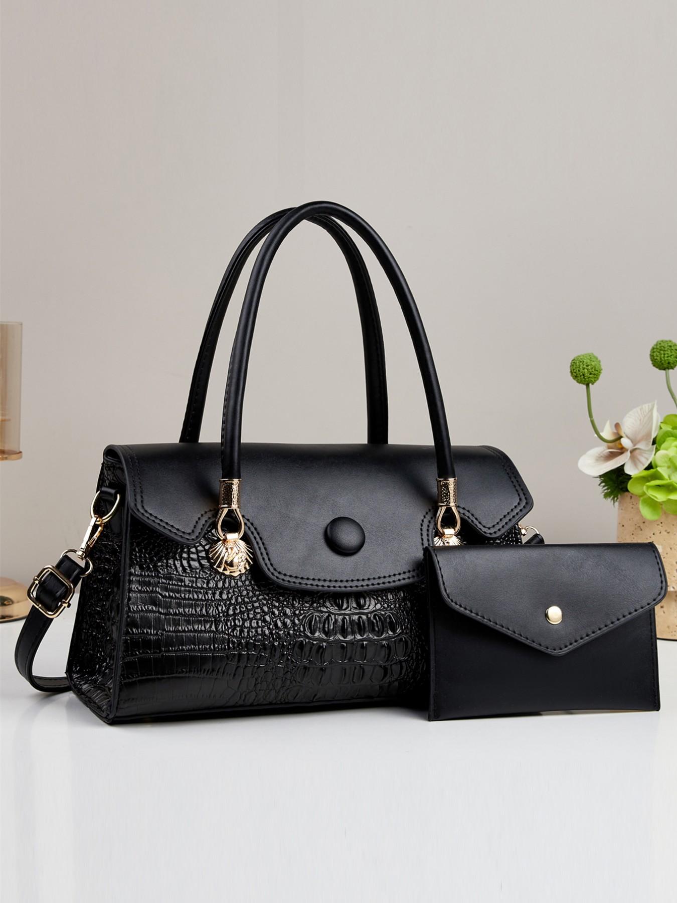 2pcs Women's Glossy Patent Leather Handbag & Clutch Set, Crocodile Pattern, Detachable Strap, Shoulder Crossbody Bag for Work, Travel & Party