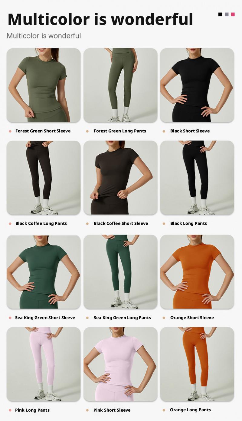 Solid color sports T-shirt set, round neck, slim fit, stretchy fabric, suitable for yoga and gym workouts, women's sportswear, sporty style clothing, fitness shirt, workout top, loose fitness shirt, fitness set