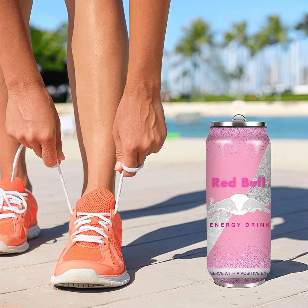 1pc 17oz Red Bull Pink Glitter Vacuum Insulated Mug, Portable Stainless Steel Cup with Lid, Ideal Sports & Coffee Mug for Family Friends, Great for Camping, Outdoor & Holiday Gifts