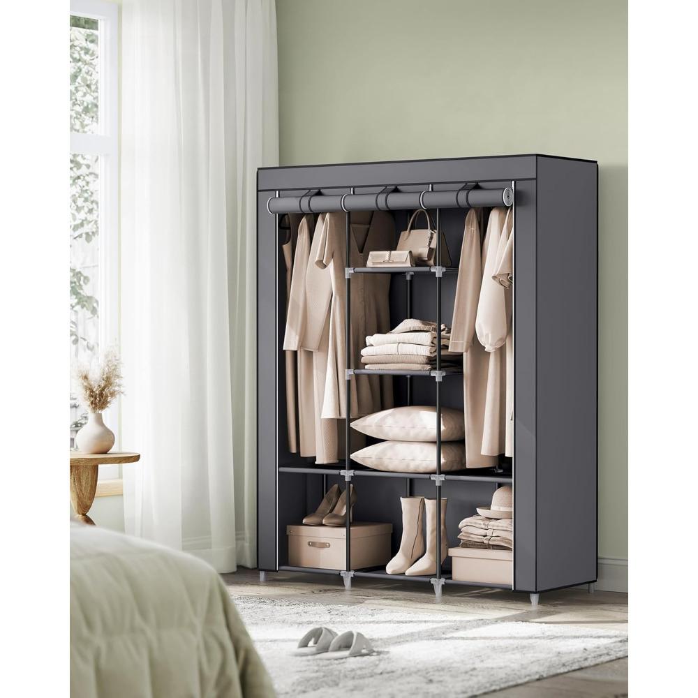 64-in Portable Non-Woven Fabric Wardrobe, Multi-Functional Portable Closet with Cover, Gray Indoor Furniture Storage Armoire for Apartments, Wardrobe Storage Rack Solution
