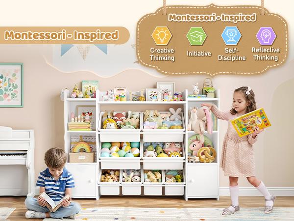 FOTOSOK 55''Large Toy Storage Organizer with 8 Toy Bins, Toy Organizers and Storage with Shelf and 6 Storage Cubbies, Bookshelf for Kids, Playroom Organization and Storage Bins