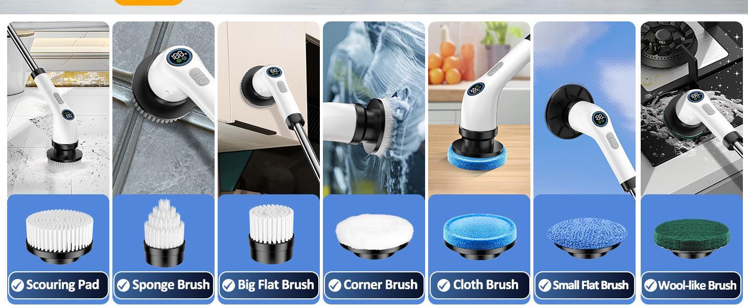 Electric Spin Scrubber, Cordless Shower Scrubber Full-Body IPX7 Waterproof, Electric Cleaning Brush with 7 Replaceable Brush Headsand 3 Adjustable Extension Handle, 2-Speed for Bathroom, Kitchen, Toilet, Window, Pool, OutdoorFun, FathersDayGift