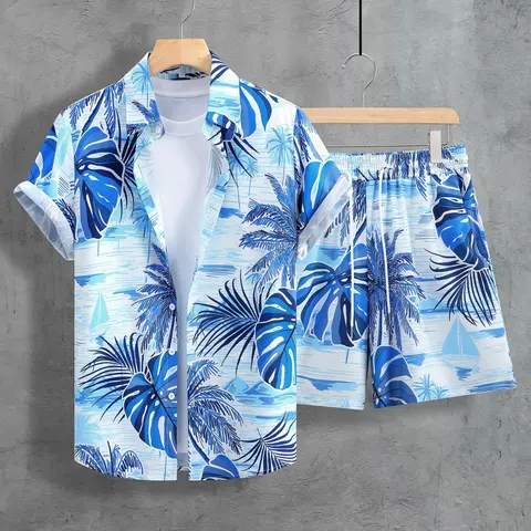Men's Striped Print Shortsleeve Shirt & Shorts Two-piece Set, Regular Fit Casual Short Sleeve Collared Top & Shorts, Men's Summer Clothes for Beach Vacation, Resort Wear Set, Menswear, Shorts Sets Outfits, Casual Clothing Set