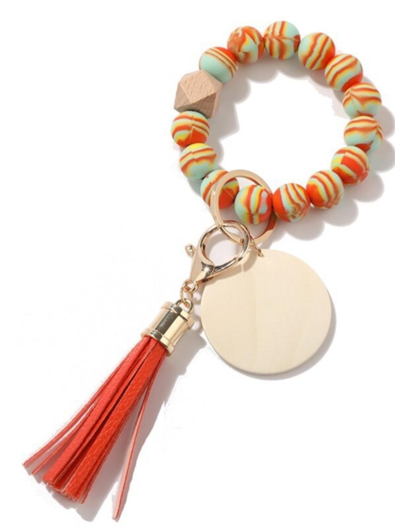 Women's Leopard Print Silicone Bead Wood Bead Tassel Bracelet Keychain, Printed Silicone Bead Wood Slice Wrist Keychain Logo Wooden Plate