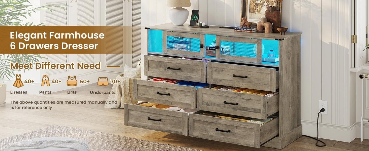 Sikaic 6 Drawers LED Dresser with Outlets Rustic Wood Top Cabinets