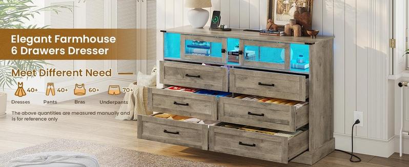 Sikaic 6 Drawers LED Dresser with Outlets Rustic Wood Top Cabinets