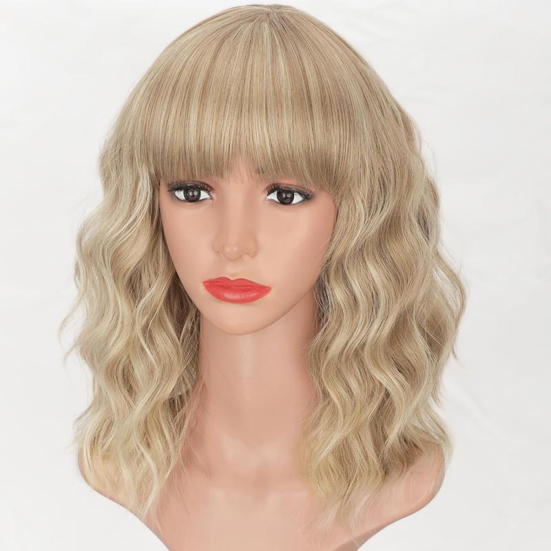[ AISI HAIR ] Synthetic Wavy Curly Bob Wig with Bangs Mixed Blonde Short Hair Wigs for Women Synthetic Heat Resistant Bob Wigs