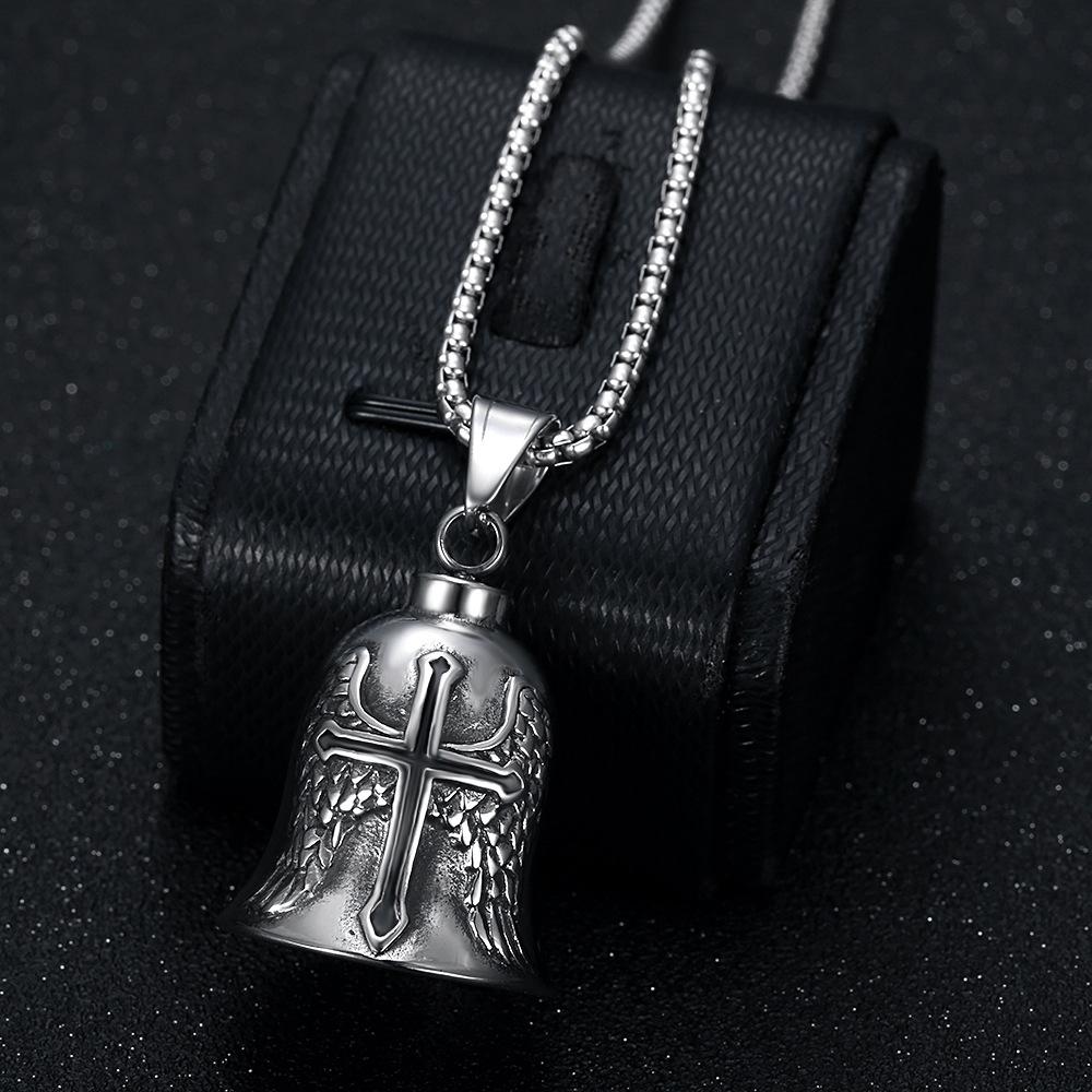 Punk Retro Men's Motorcycle Style Angel Necklace, Bell Drop Cross Pendant, Feather Wings Design, Vintage Fashion Jewelry
