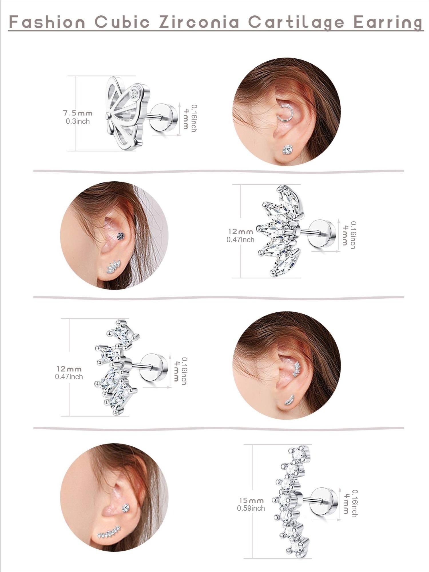 23 Pcs Silvery Multi-Piercing Earring Set for Women Men Stackable Styles in Hypoallergenic Stainless Steel Sparkling CZ Studs Lovely Tiny Feather Butterfly Heart Pendants Minimalist Mini Hoops for Diversified Layered Ear Styling