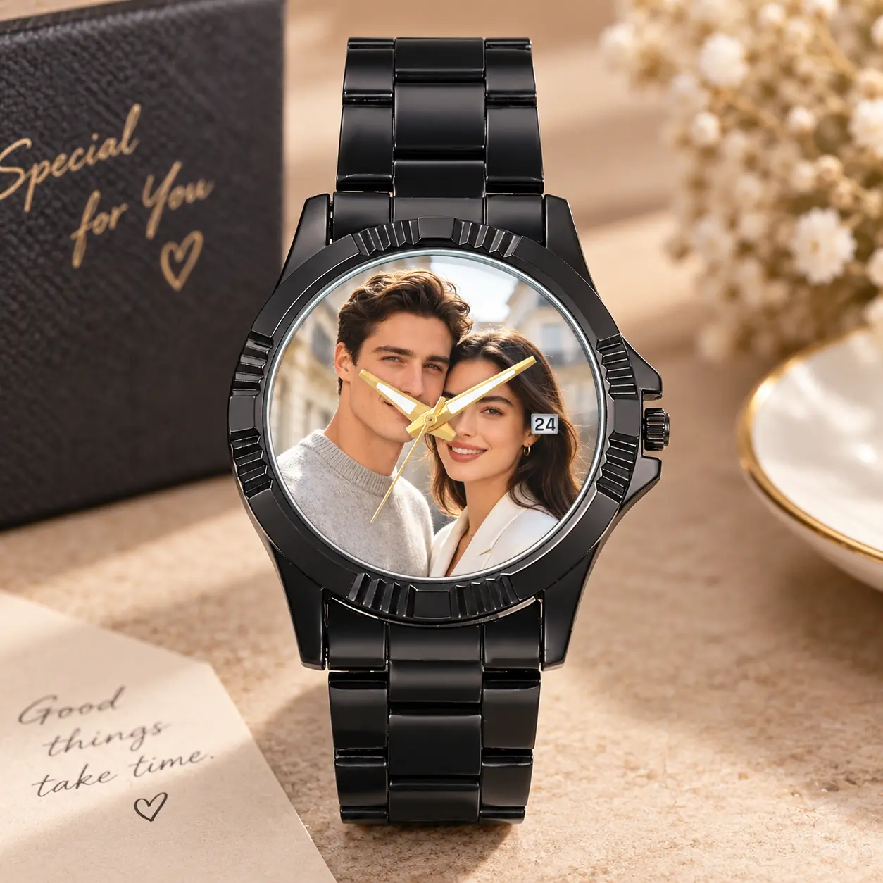 Personalized Photo Watch for Men, Custom Couple Picture Black Stainless Steel Wristwatch, Anniversary Birthday Gift for Him Boyfriend Husband