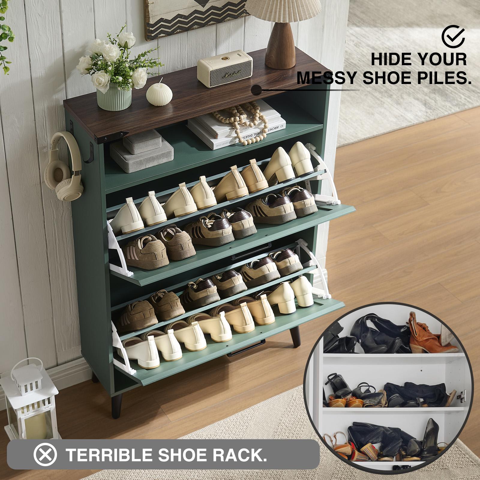 PieDle Furniture Shoe Storage Cabinet,Farmhouse Shoe Organizer with 2-4 Flip Drawers & Barn Door Design,Freestanding Hidden Slim Narrow Shoe Rack Cabinet with Open Storage for Entryway, Foyer,Hallway